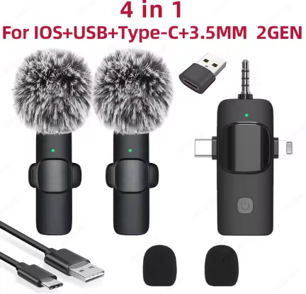 Professional 4 In 1 Wireless Lavalier Microphone for iPhone Android 3.5mm for radio Live Recording Noise Reduction Mini Microphone