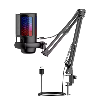 USB Condenser Microphone RGB Esports Game Call Recording Condenser Mic with Metal Boom Stand Desktop Mic for Studio Recording